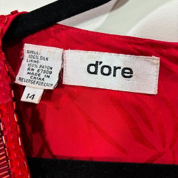 Vintage D'ore Silk Red Beaded Dress 14 Drop Waist Holidays Mature MoTB Cocktails - Picture 5 of 13